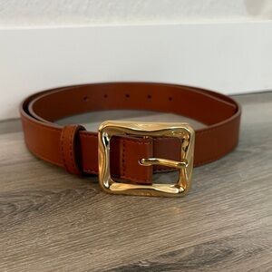 Mango Brown Leather Belt with Gold Buckle